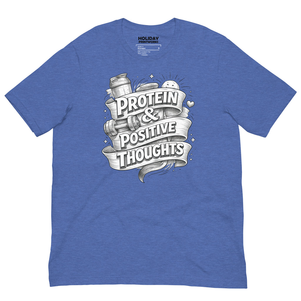 Back/detail view of Protein & Positive Thoughts – Unisex Staple T-Shirt (Fitness graphic T-shirt