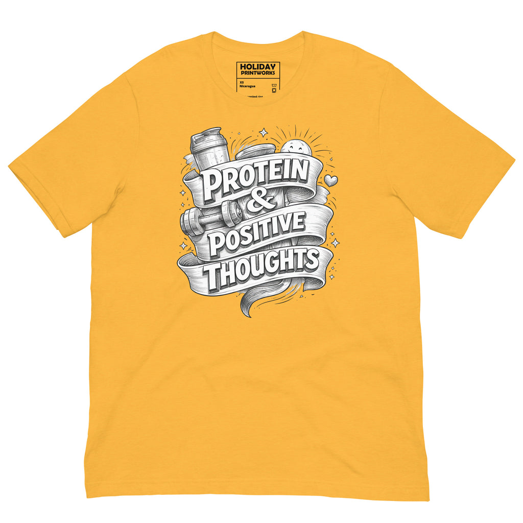 Back/detail view of Protein & Positive Thoughts – Unisex Staple T-Shirt (Fitness graphic T-shirt