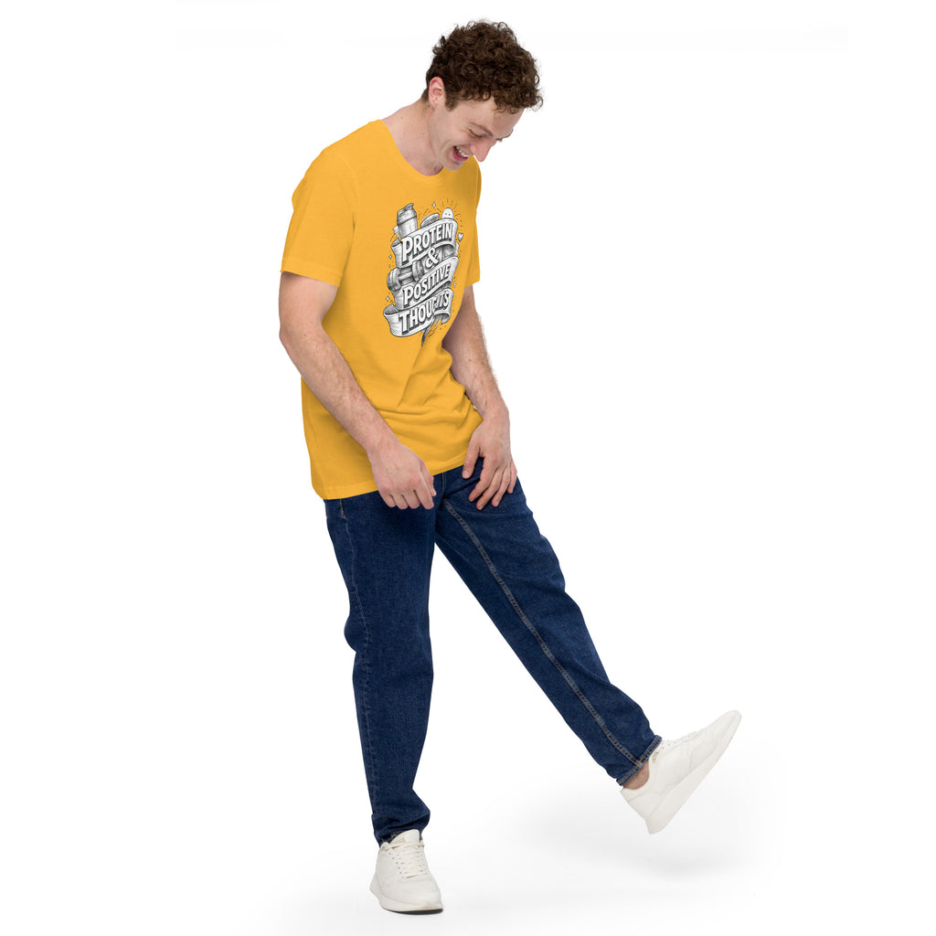 Back/detail view of Protein & Positive Thoughts – Unisex Staple T-Shirt (Fitness graphic T-shirt