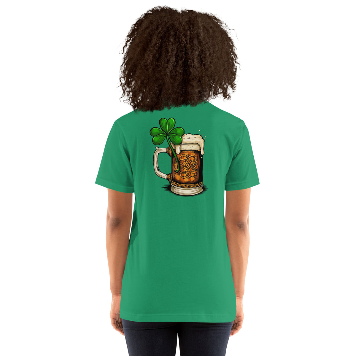 Back/detail view of HERE FOR THE BEER 🍀 Front + Back St. Paddy’s Tee Unisex t-shirt graphic T-shirt