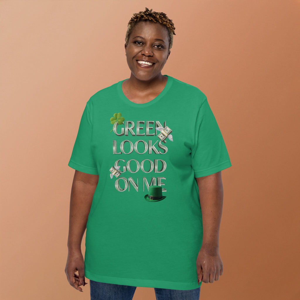 Back/detail view of Green Looks Good On Me St. Patrick’s Day Unisex Tee graphic T-shirt