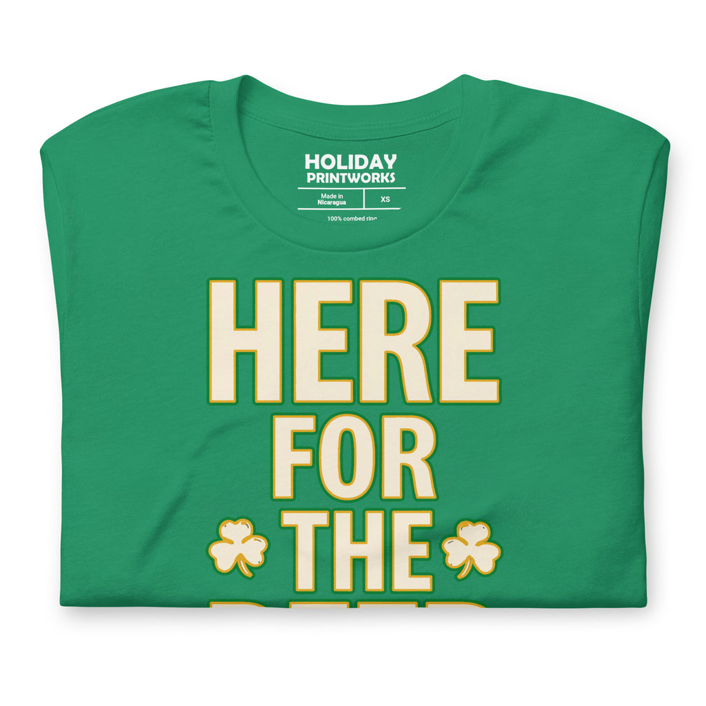 Back/detail view of HERE FOR THE BEER 🍀 Front + Back St. Paddy’s Tee Unisex t-shirt graphic T-shirt