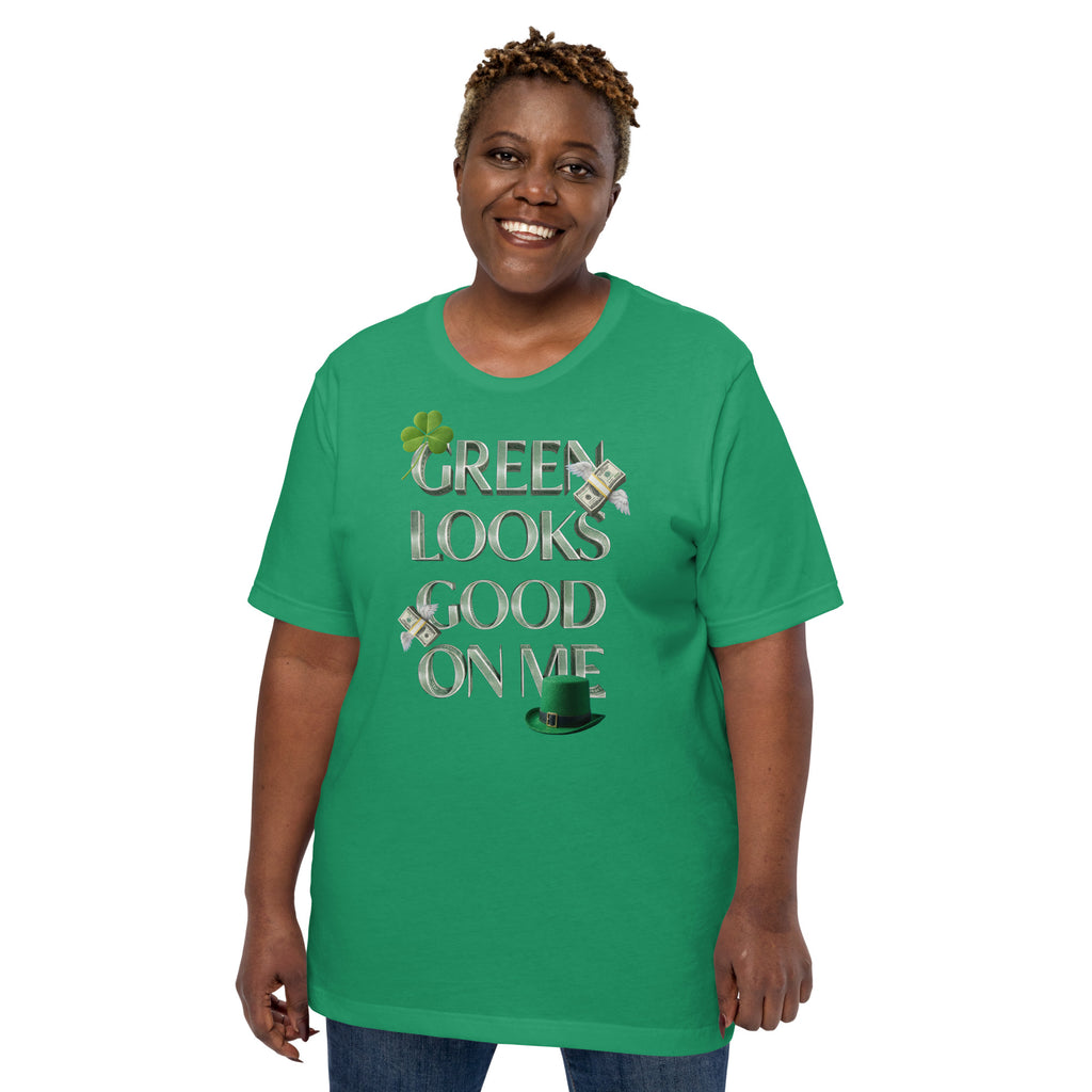 Back/detail view of Green Looks Good On Me St. Patrick’s Day Unisex Tee graphic T-shirt