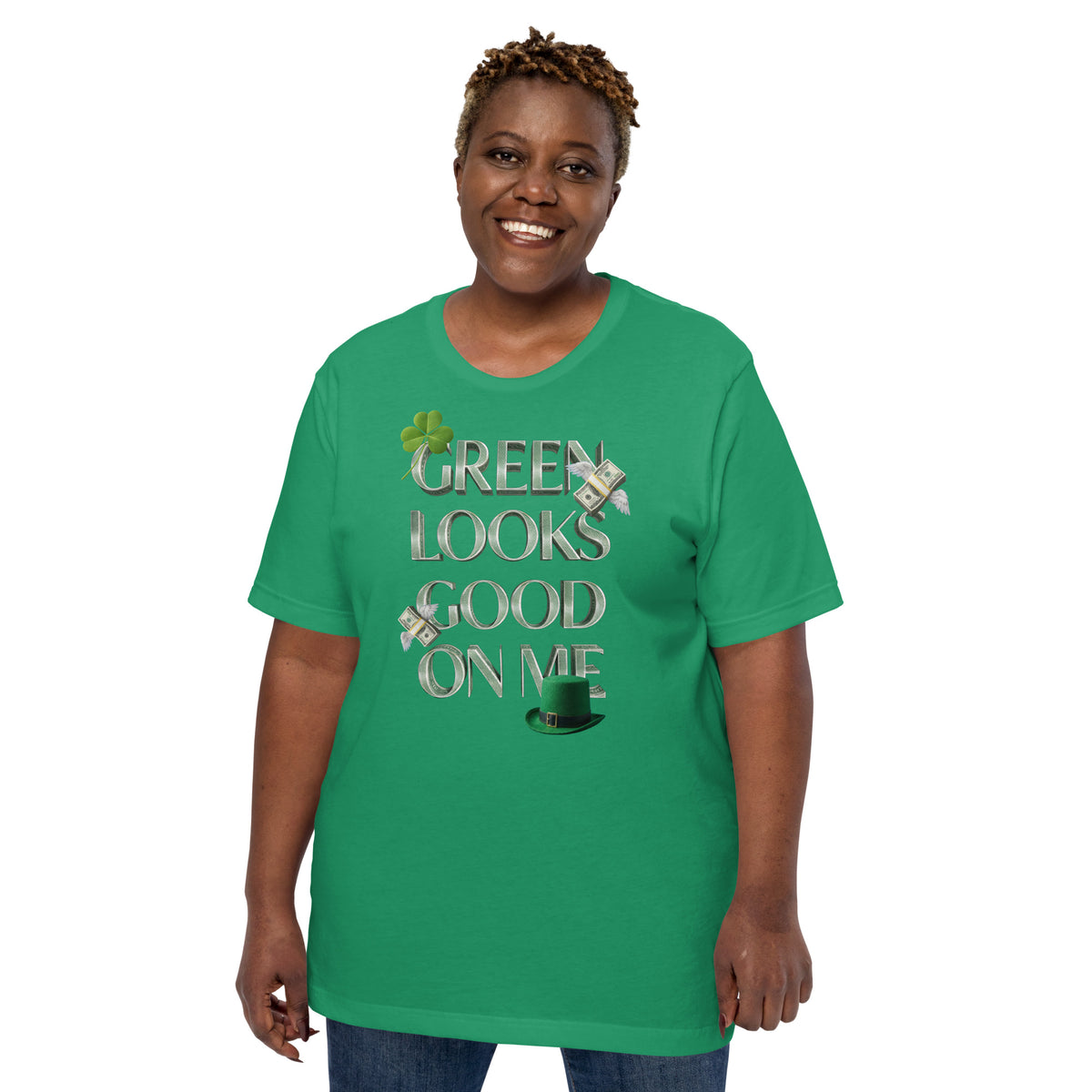 Back/detail view of Green Looks Good On Me St. Patrick’s Day Unisex Tee graphic T-shirt