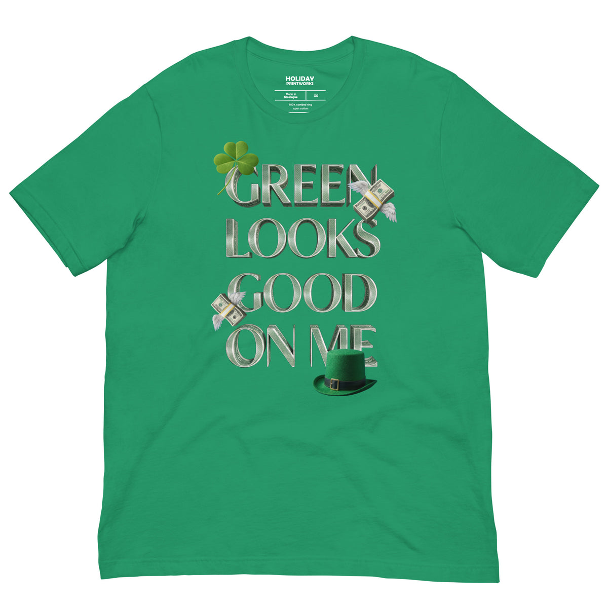 Back/detail view of Green Looks Good On Me St. Patrick’s Day Unisex Tee graphic T-shirt