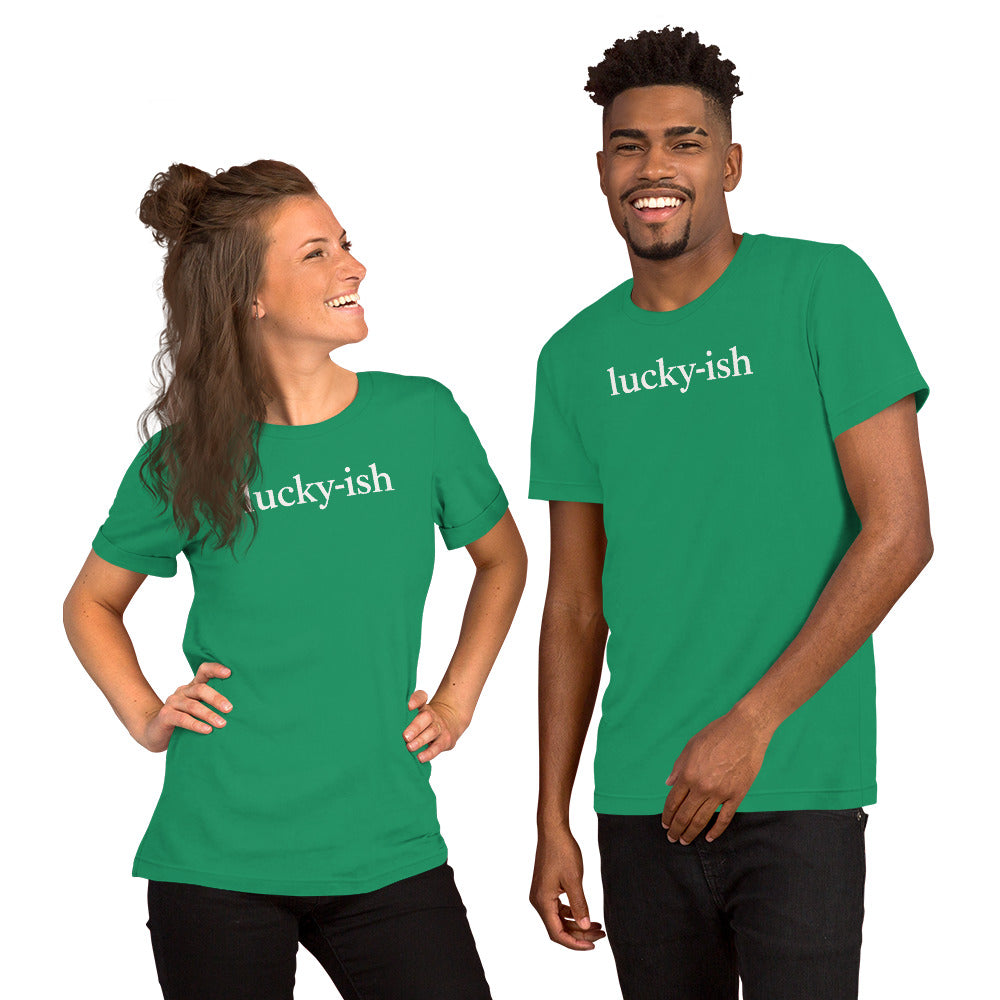 Back/detail view of Lucky-ish St. Patrick’s Day Unisex Tee graphic T-shirt