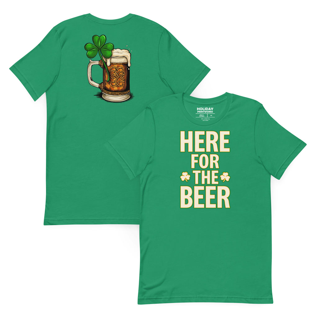 Back/detail view of HERE FOR THE BEER 🍀 Front + Back St. Paddy’s Tee Unisex t-shirt graphic T-shirt