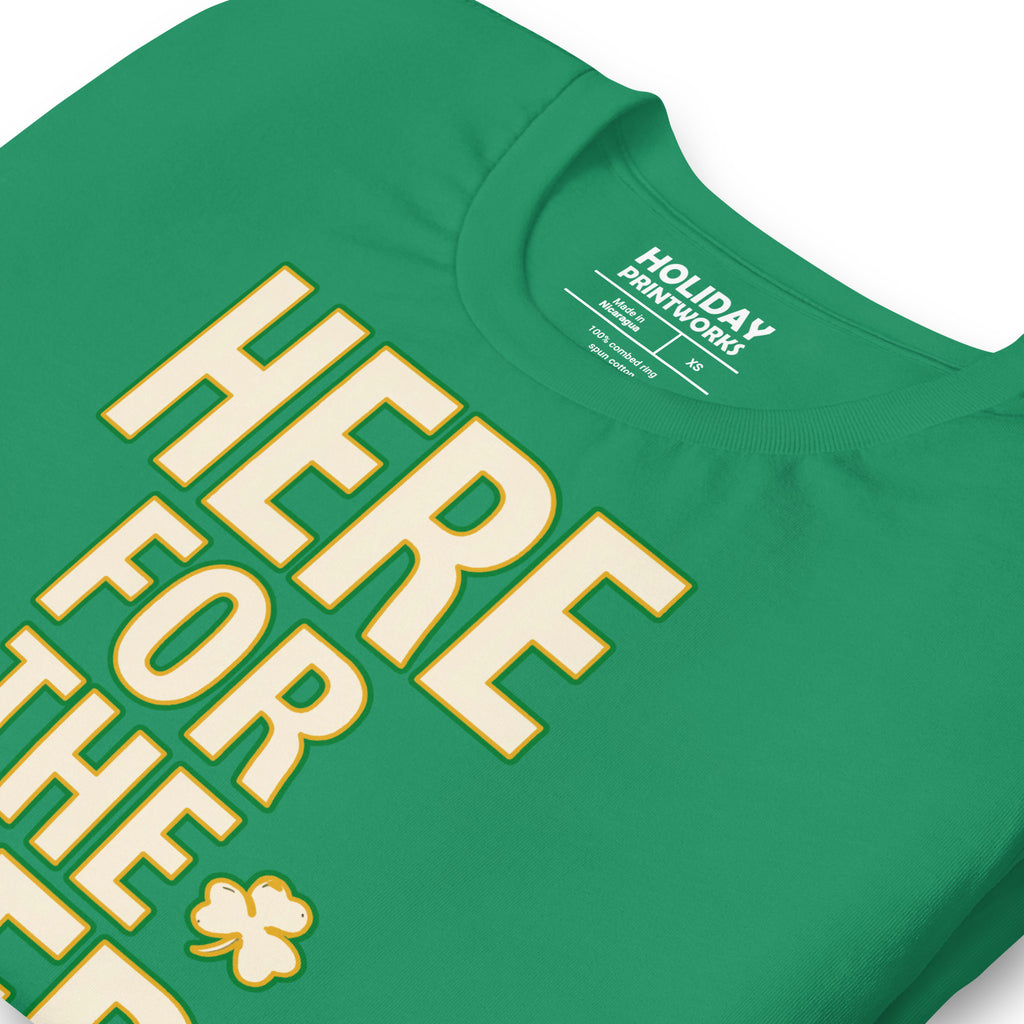 Back/detail view of HERE FOR THE BEER 🍀 Front + Back St. Paddy’s Tee Unisex t-shirt graphic T-shirt