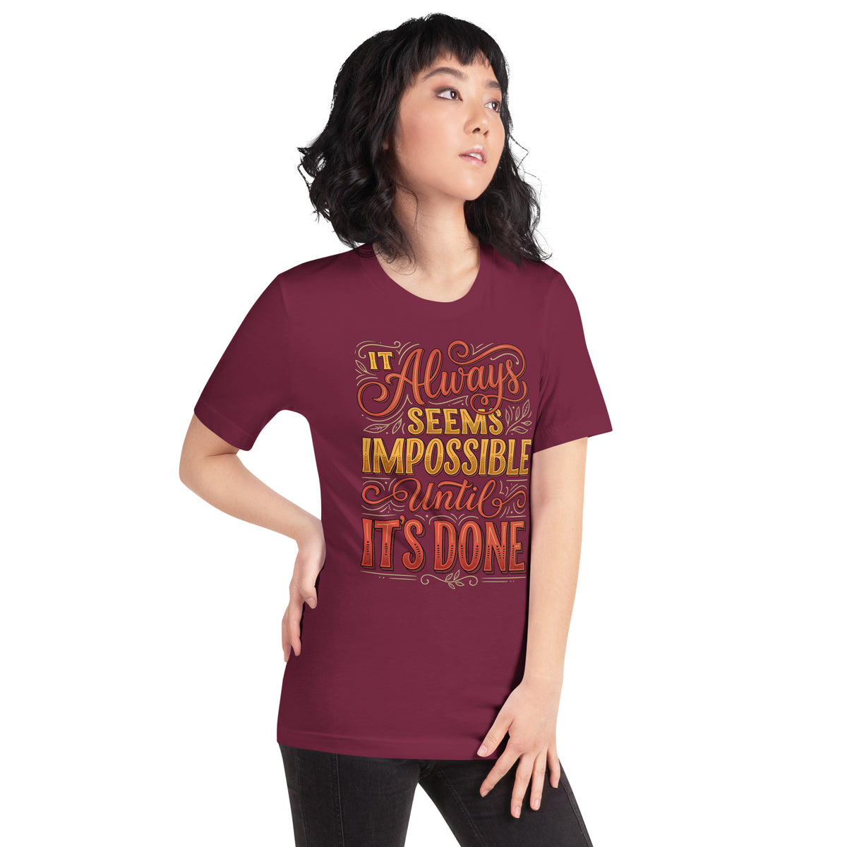 Back/detail view of It Always Seems Impossible Until It’s Done graphic T-shirt
