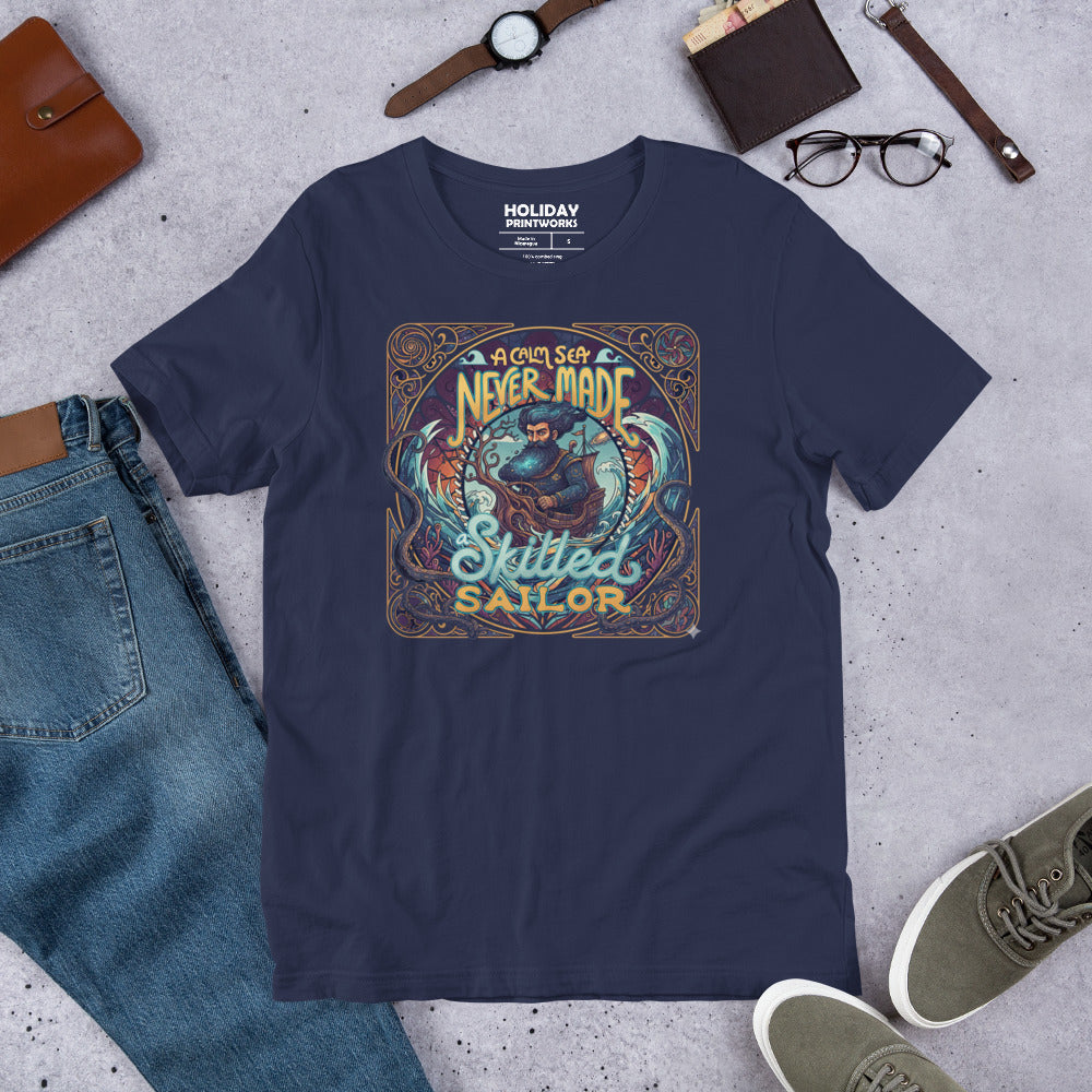 Back/detail view of A Calm Sea Never Made a Skilled Sailor – Unisex Staple T-Shirt graphic T-shirt