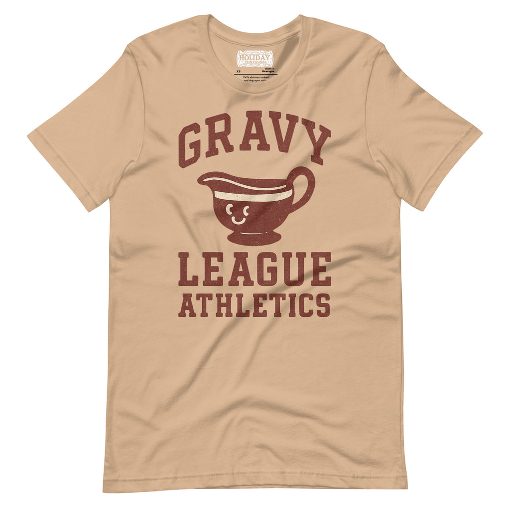 Front/product view of Gravy League Athletics T-Shirt – Funny Thanksgiving Vintage Varsity graphic T-shirt