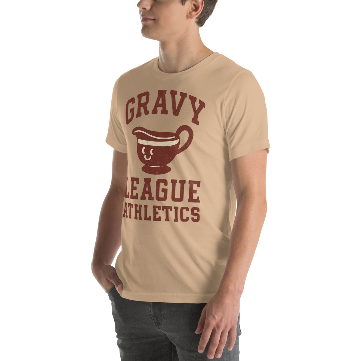 Back/detail view of Gravy League Athletics T-Shirt – Funny Thanksgiving Vintage Varsity graphic T-shirt
