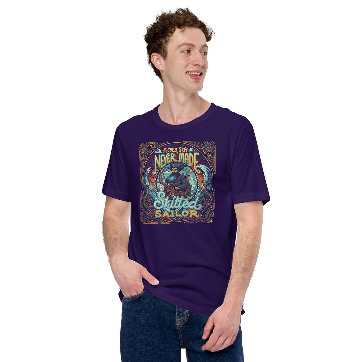 Back/detail view of A Calm Sea Never Made a Skilled Sailor – Unisex Staple T-Shirt graphic T-shirt