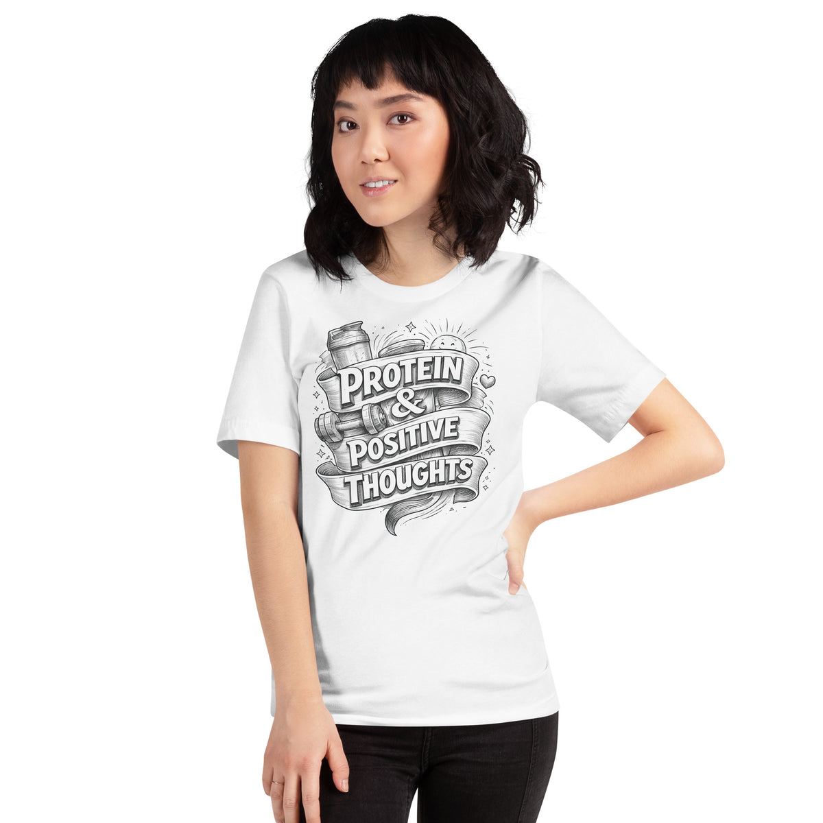 Back/detail view of Protein & Positive Thoughts – Unisex Staple T-Shirt (Fitness graphic T-shirt