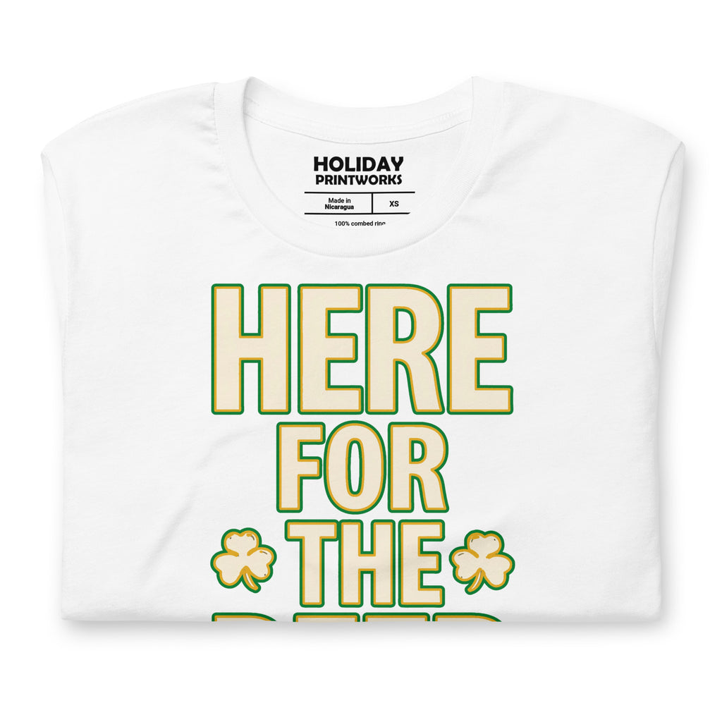 Back/detail view of HERE FOR THE BEER 🍀 Front + Back St. Paddy’s Tee Unisex t-shirt graphic T-shirt