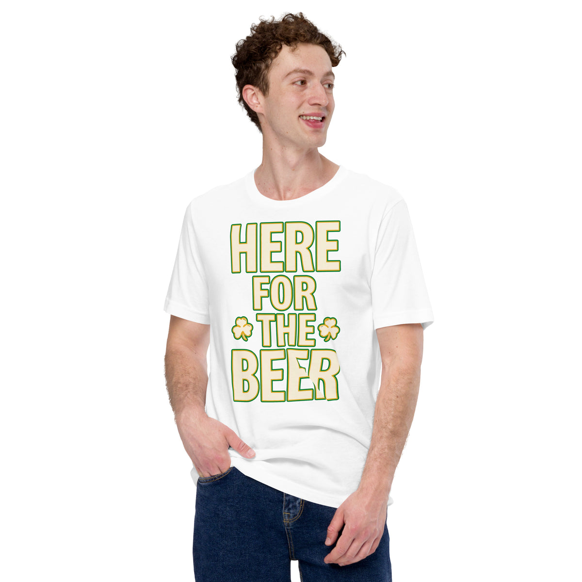 Back/detail view of HERE FOR THE BEER 🍀 Front + Back St. Paddy’s Tee Unisex t-shirt graphic T-shirt