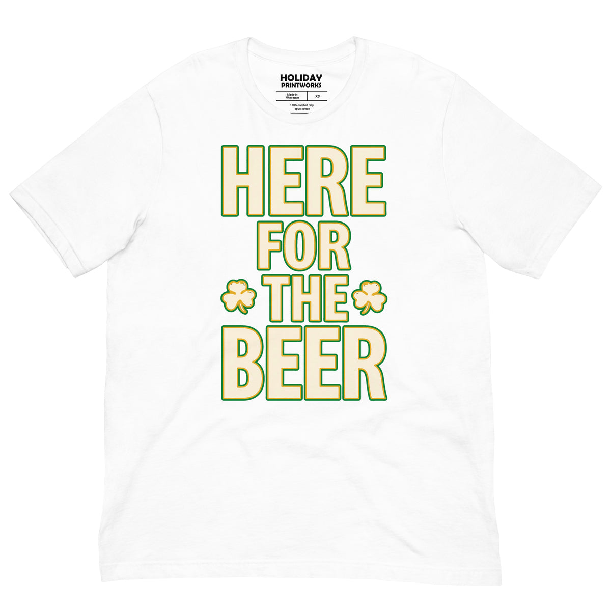 Back/detail view of HERE FOR THE BEER 🍀 Front + Back St. Paddy’s Tee Unisex t-shirt graphic T-shirt