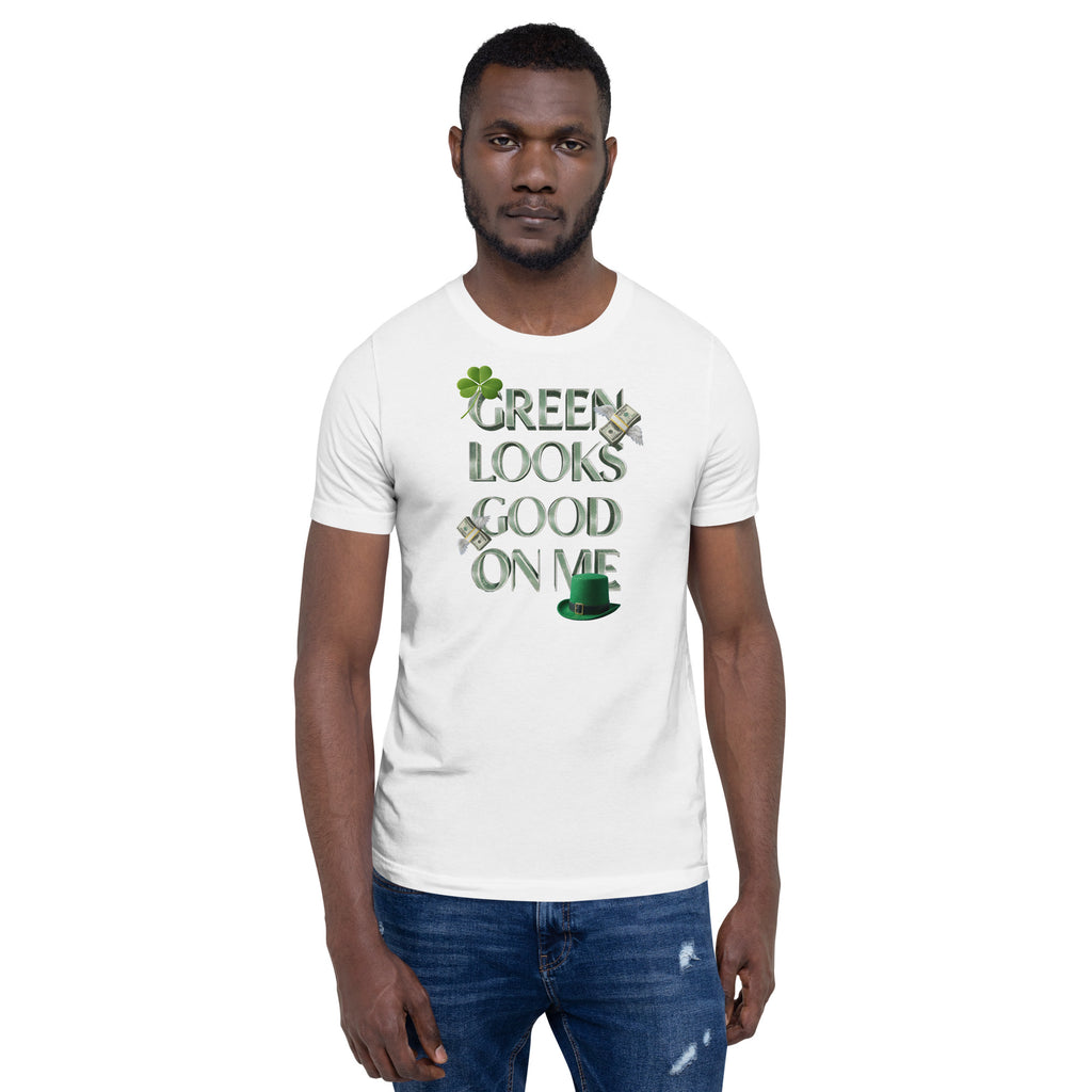 Back/detail view of Green Looks Good On Me St. Patrick’s Day Unisex Tee graphic T-shirt
