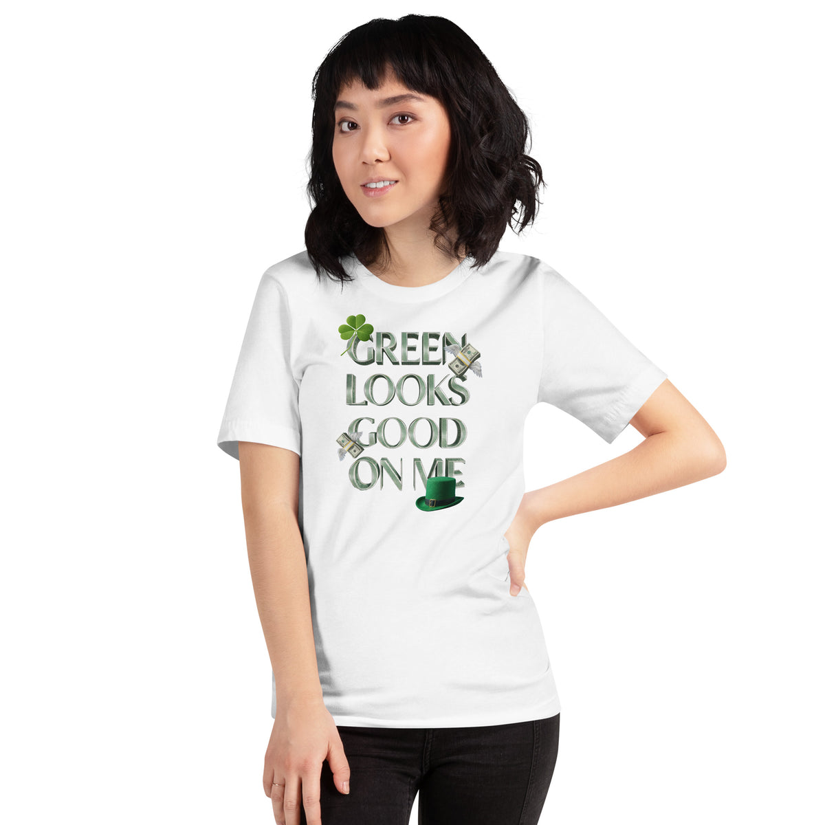 Back/detail view of Green Looks Good On Me St. Patrick’s Day Unisex Tee graphic T-shirt