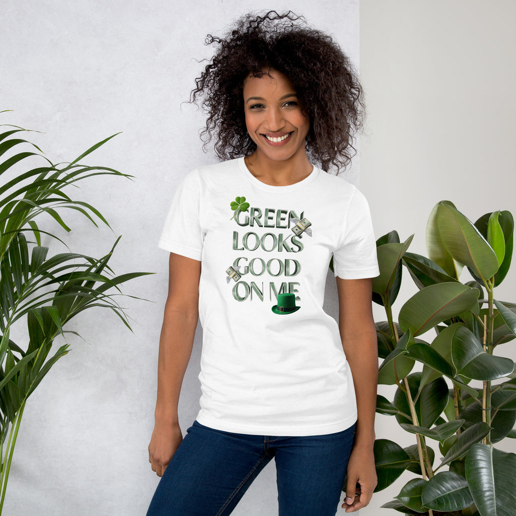 Back/detail view of Green Looks Good On Me St. Patrick’s Day Unisex Tee graphic T-shirt