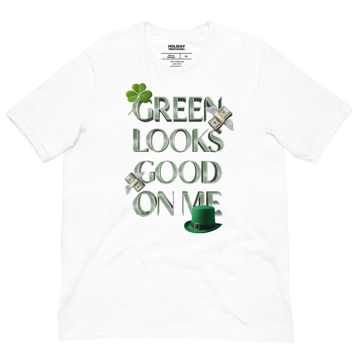 Back/detail view of Green Looks Good On Me St. Patrick’s Day Unisex Tee graphic T-shirt