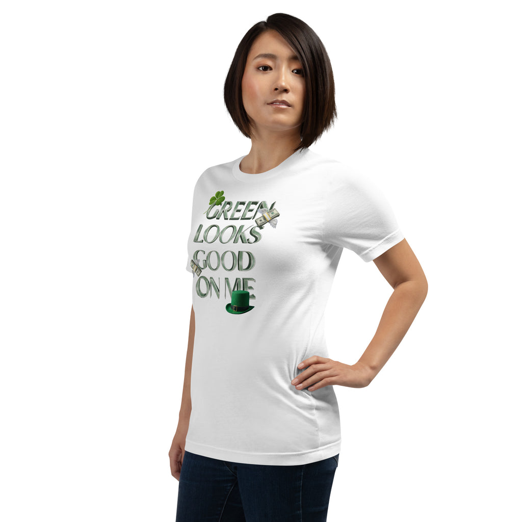 Back/detail view of Green Looks Good On Me St. Patrick’s Day Unisex Tee graphic T-shirt