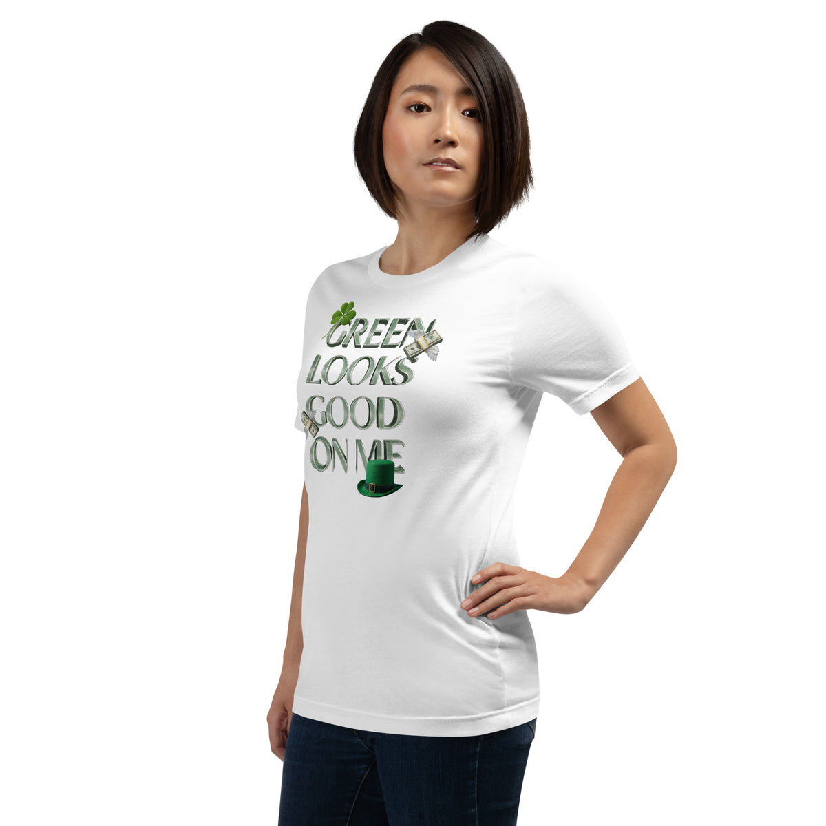 Back/detail view of Green Looks Good On Me St. Patrick’s Day Unisex Tee graphic T-shirt