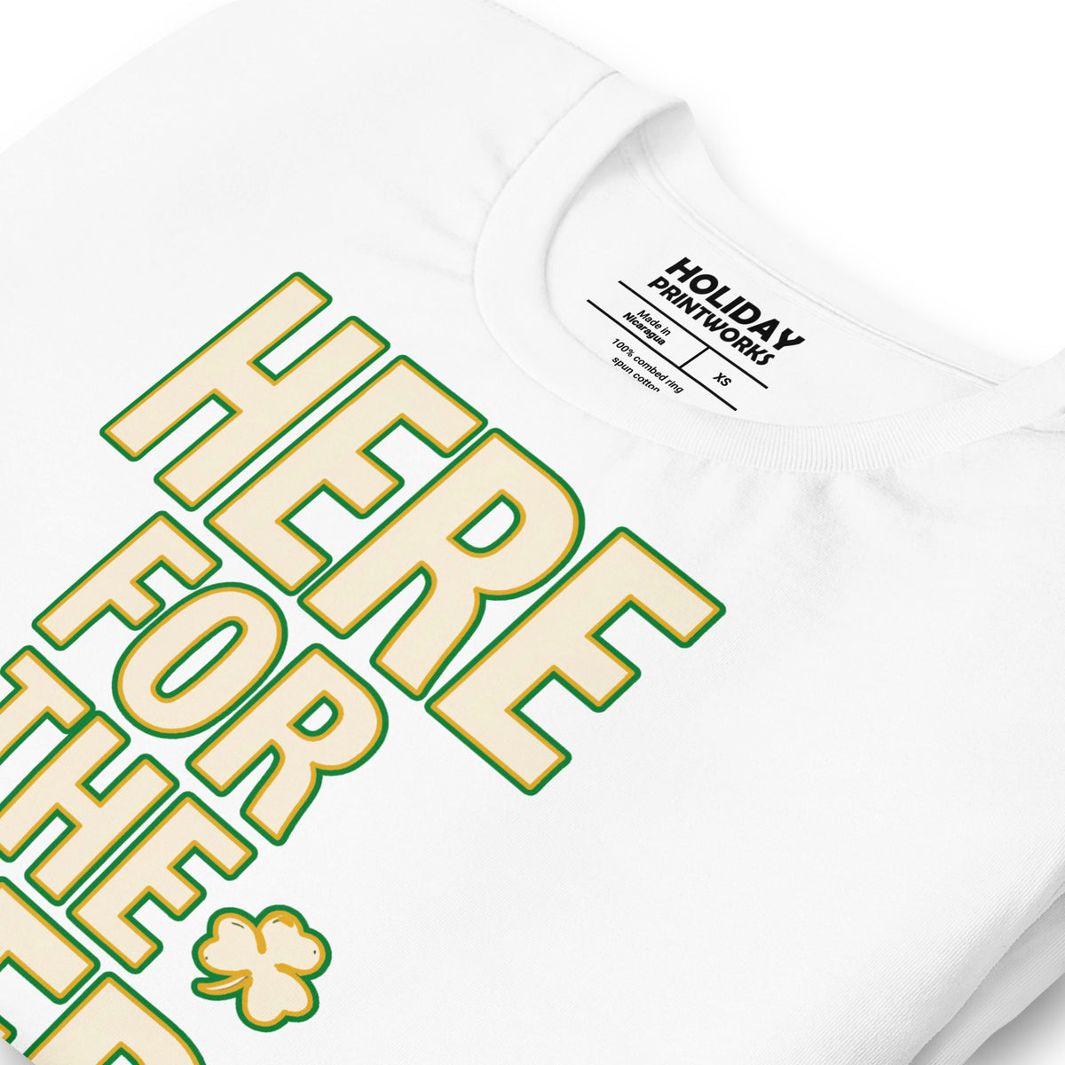 Back/detail view of HERE FOR THE BEER 🍀 Front + Back St. Paddy’s Tee Unisex t-shirt graphic T-shirt