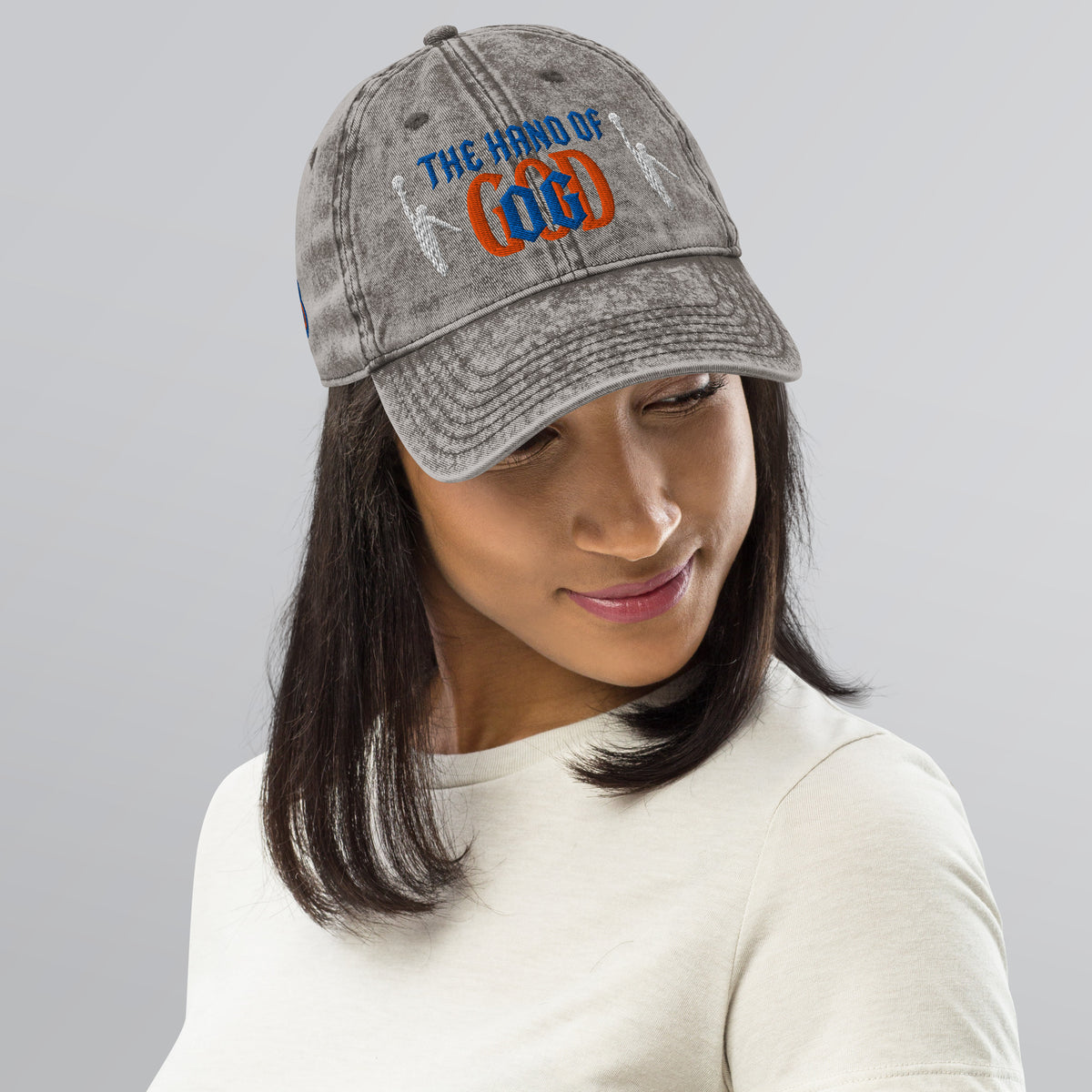 Back/detail view of The Hand of God NYC 26 Vintage Cotton Twill Cap hat