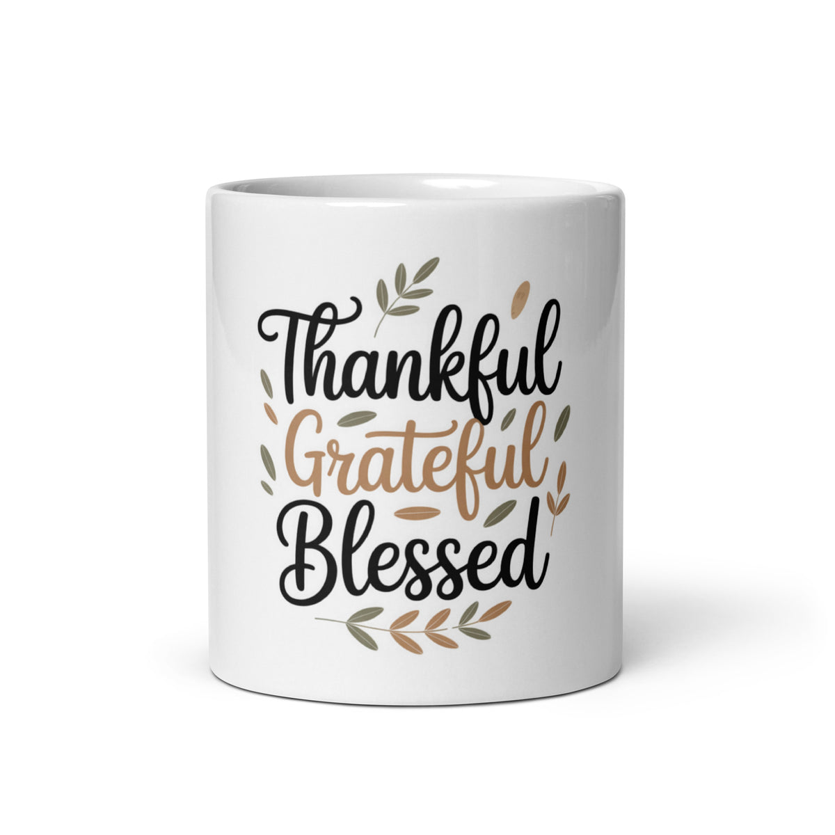 Front/product view of Thankful • Grateful • Blessed – White Glossy Mug (11/15/20 oz mug