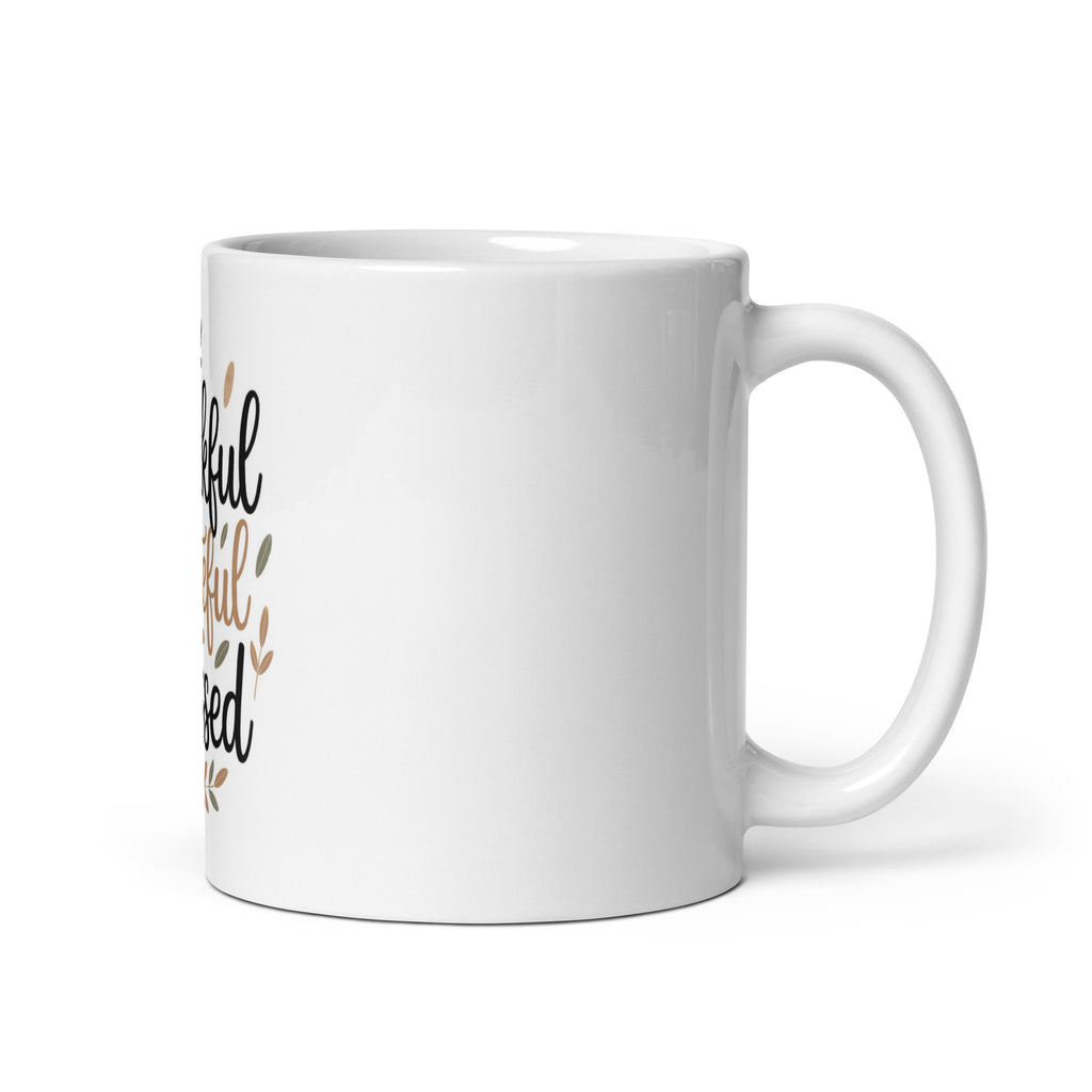 Back/detail view of Thankful • Grateful • Blessed – White Glossy Mug (11/15/20 oz mug