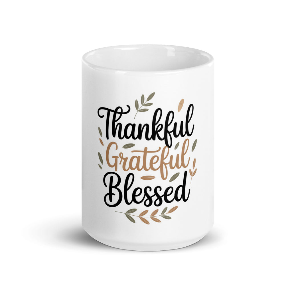 Back/detail view of Thankful • Grateful • Blessed – White Glossy Mug (11/15/20 oz mug