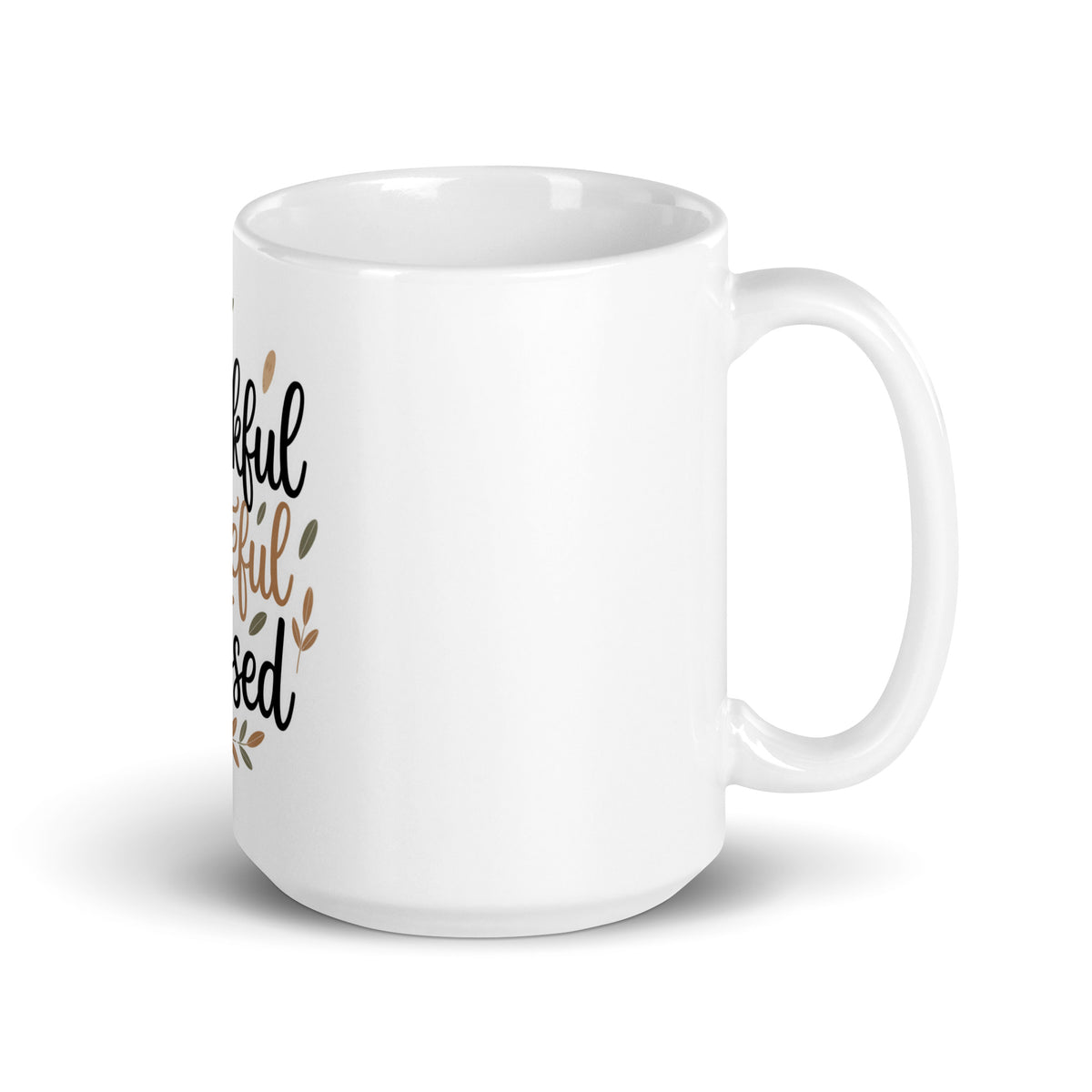 Back/detail view of Thankful • Grateful • Blessed – White Glossy Mug (11/15/20 oz mug