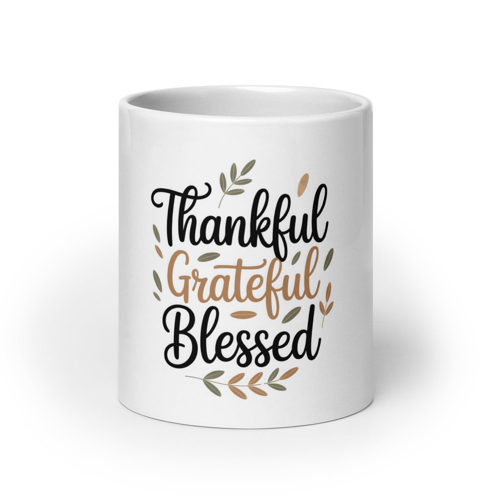 Back/detail view of Thankful • Grateful • Blessed – White Glossy Mug (11/15/20 oz mug