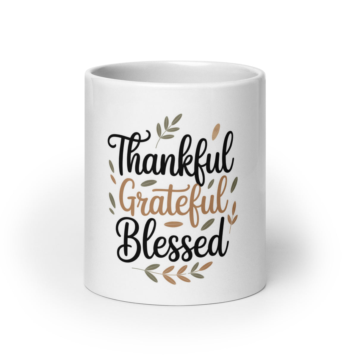 Back/detail view of Thankful • Grateful • Blessed – White Glossy Mug (11/15/20 oz mug
