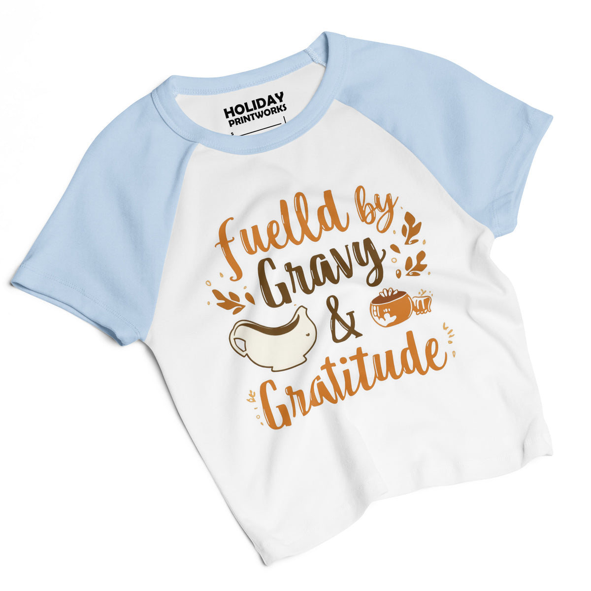 Back/detail view of Fueled by Gravy & Gratitude – Women’s Micro Rib Raglan Baby Tee graphic T-shirt