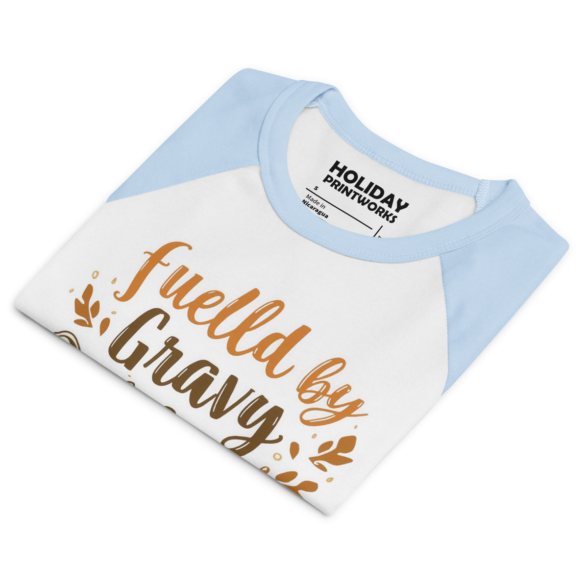 Back/detail view of Fueled by Gravy & Gratitude – Women’s Micro Rib Raglan Baby Tee graphic T-shirt