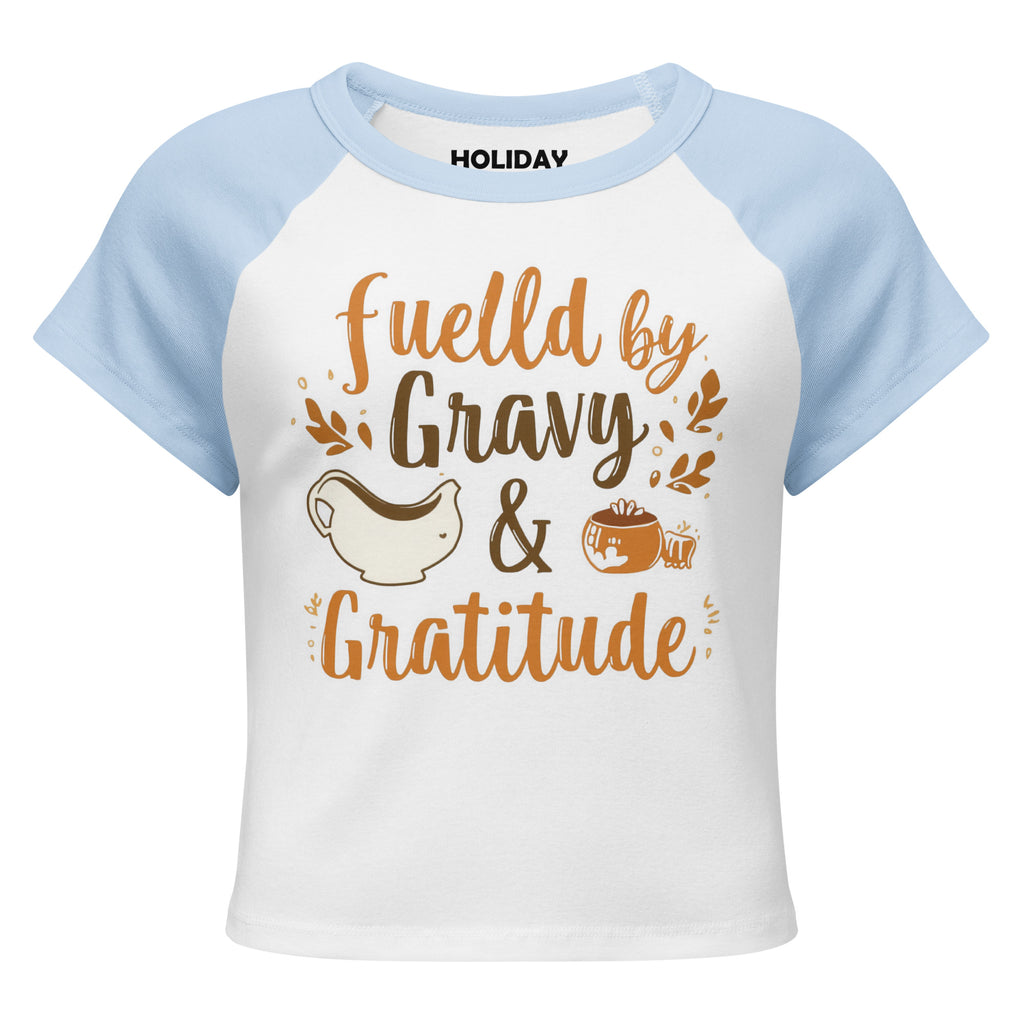 Back/detail view of Fueled by Gravy & Gratitude – Women’s Micro Rib Raglan Baby Tee graphic T-shirt