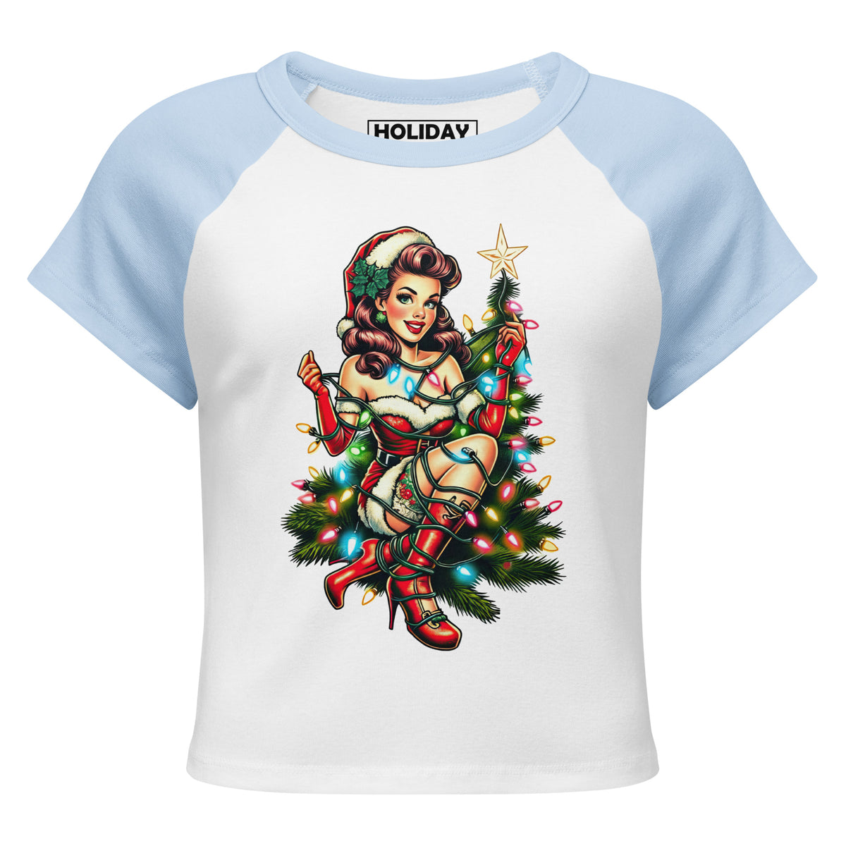 Back/detail view of Retro Mrs. Claus Pin-Up Lights – Women’s Micro Rib Raglan Baby Tee graphic T-shirt