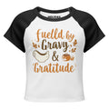 Front/product view of Fueled by Gravy & Gratitude – Women’s Micro Rib Raglan Baby Tee graphic T-shirt