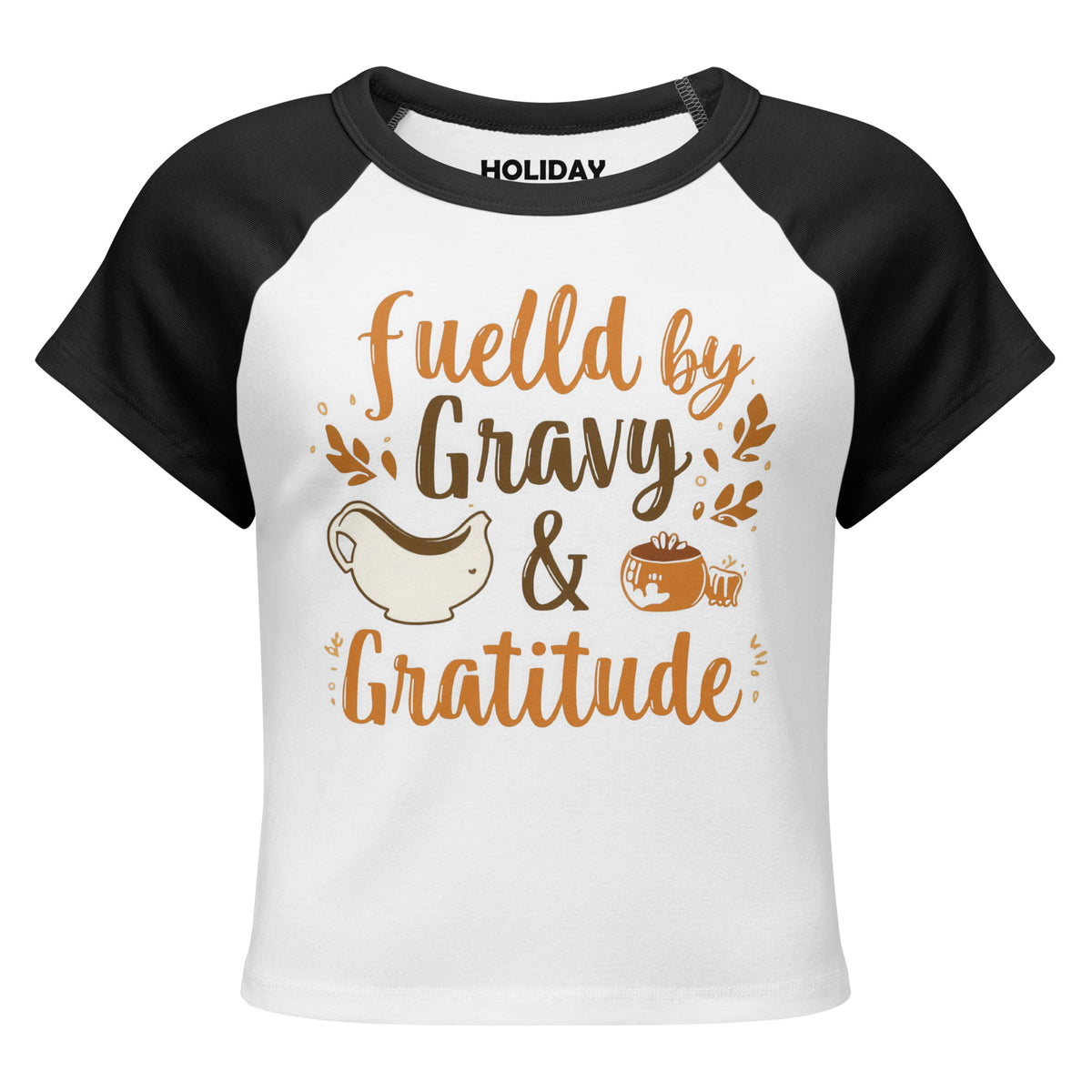 Back/detail view of Fueled by Gravy & Gratitude – Women’s Micro Rib Raglan Baby Tee graphic T-shirt