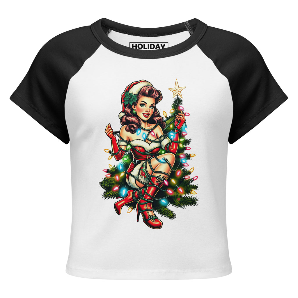 Front/product view of Retro Mrs. Claus Pin-Up Lights – Women’s Micro Rib Raglan Baby Tee graphic T-shirt