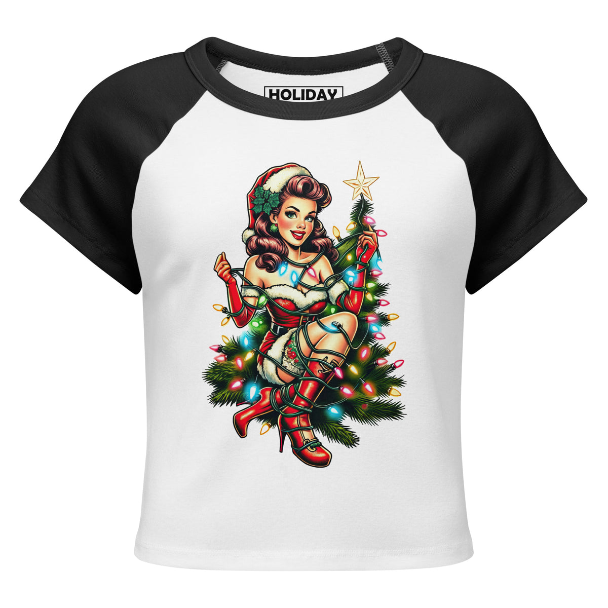 Front/product view of Retro Mrs. Claus Pin-Up Lights – Women’s Micro Rib Raglan Baby Tee graphic T-shirt