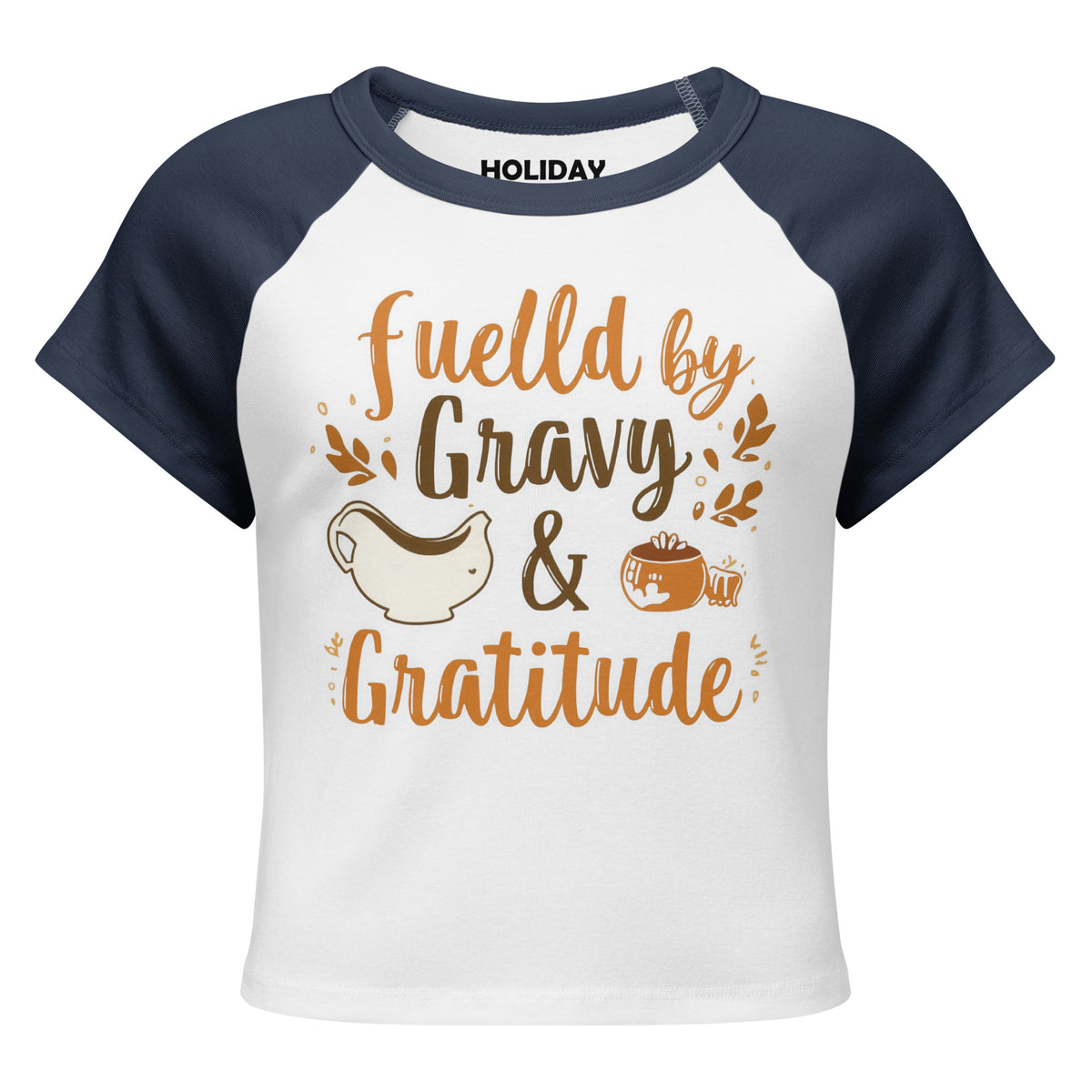 Back/detail view of Fueled by Gravy & Gratitude – Women’s Micro Rib Raglan Baby Tee graphic T-shirt