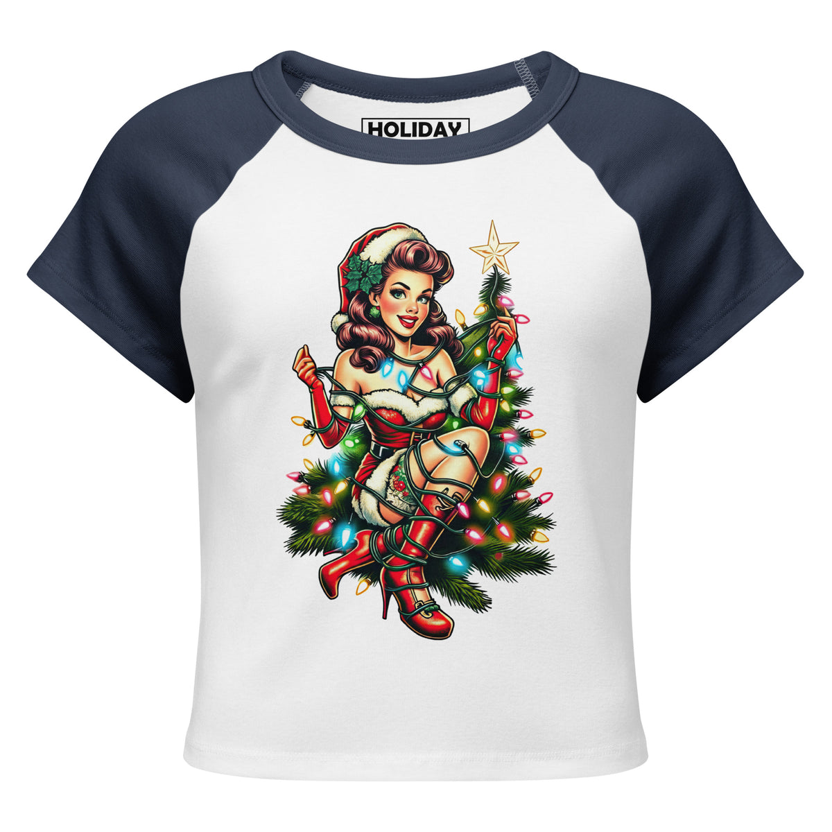 Back/detail view of Retro Mrs. Claus Pin-Up Lights – Women’s Micro Rib Raglan Baby Tee graphic T-shirt