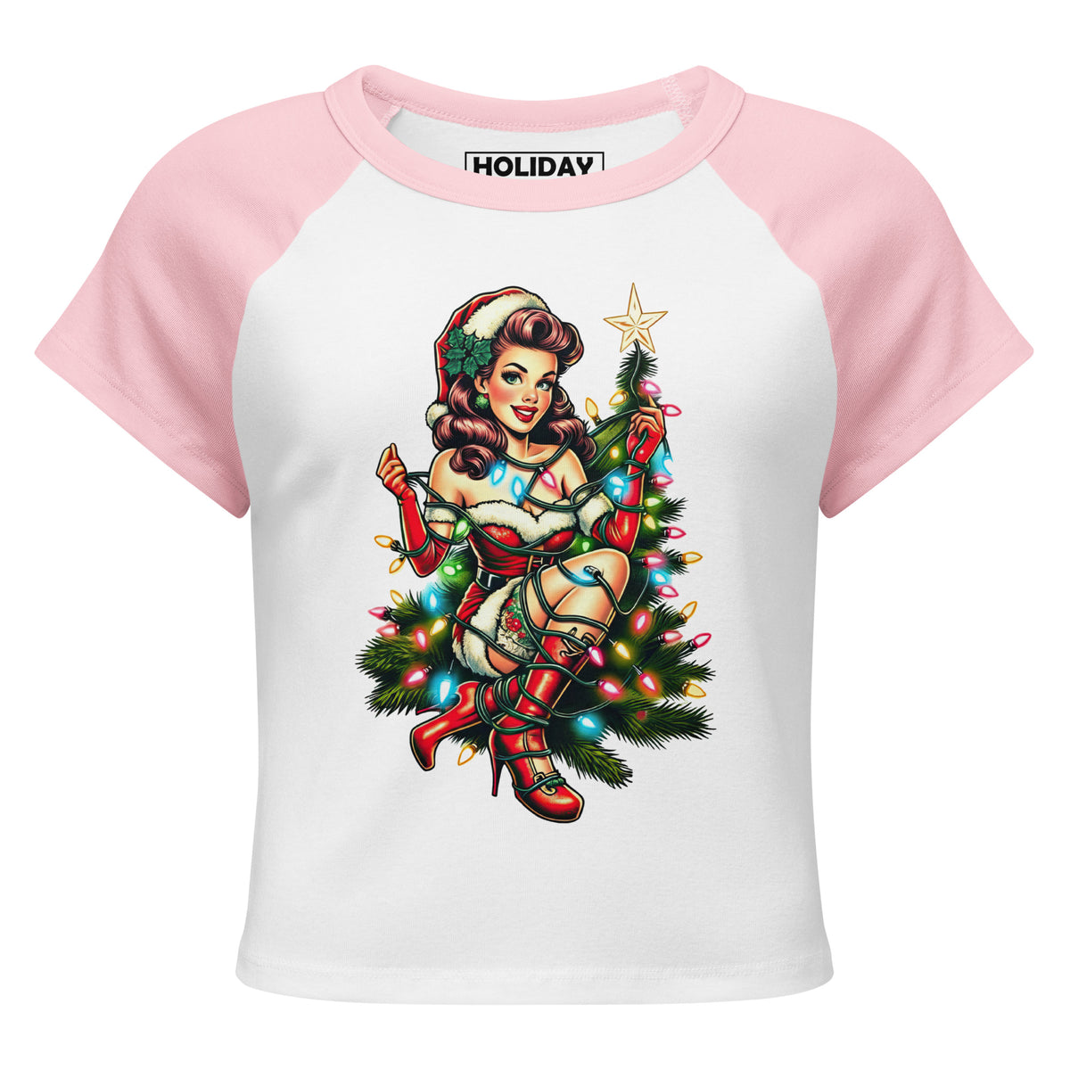 Back/detail view of Retro Mrs. Claus Pin-Up Lights – Women’s Micro Rib Raglan Baby Tee graphic T-shirt