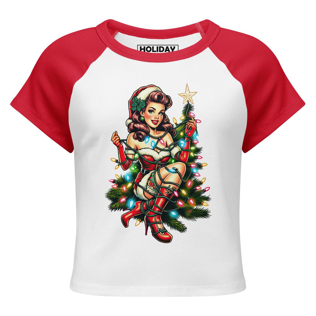 Back/detail view of Retro Mrs. Claus Pin-Up Lights – Women’s Micro Rib Raglan Baby Tee graphic T-shirt