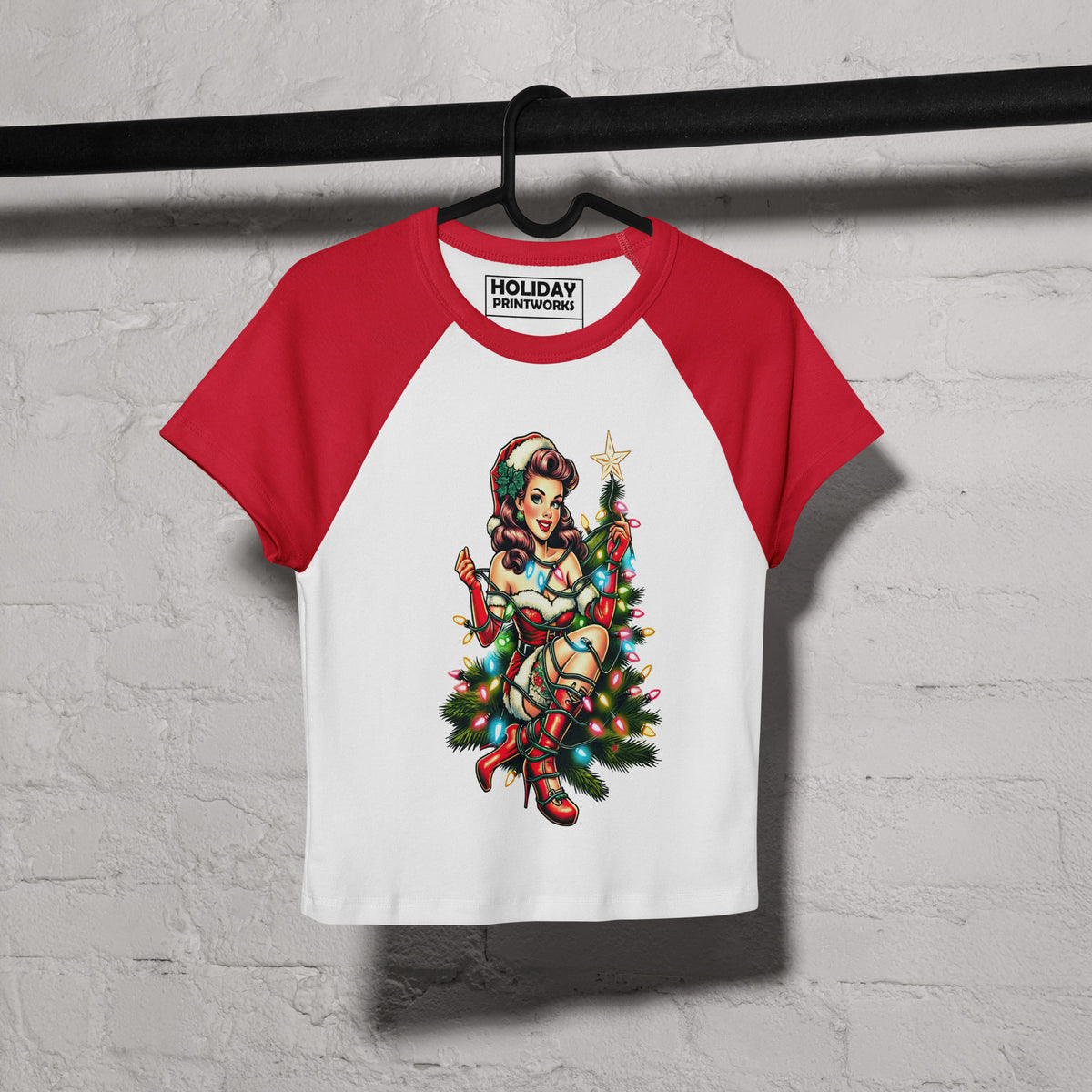 Back/detail view of Retro Mrs. Claus Pin-Up Lights – Women’s Micro Rib Raglan Baby Tee graphic T-shirt