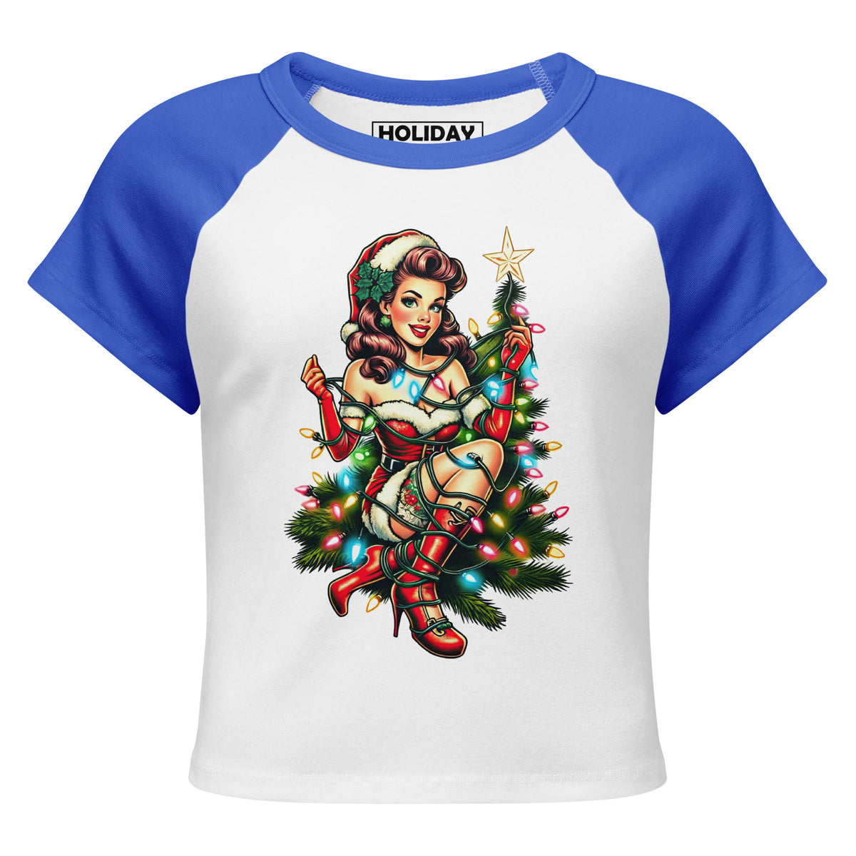 Back/detail view of Retro Mrs. Claus Pin-Up Lights – Women’s Micro Rib Raglan Baby Tee graphic T-shirt