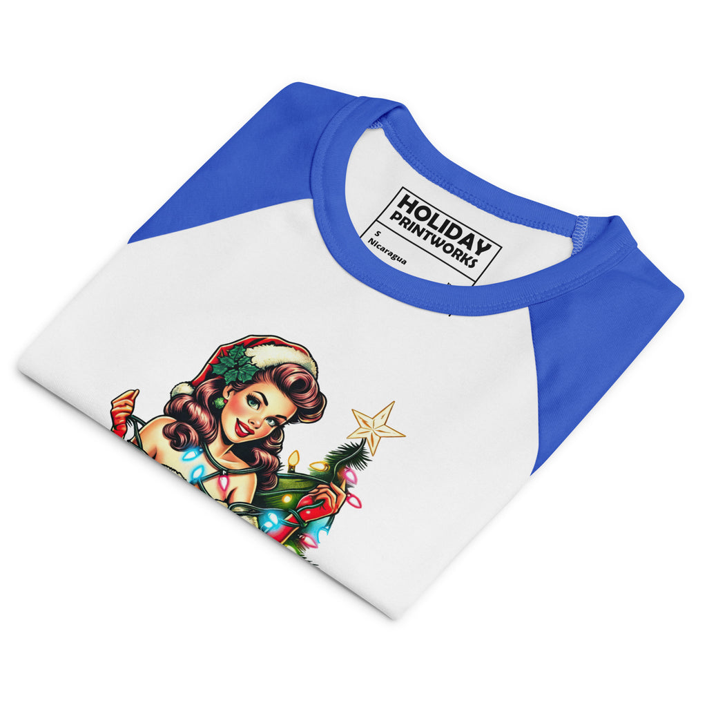 Back/detail view of Retro Mrs. Claus Pin-Up Lights – Women’s Micro Rib Raglan Baby Tee graphic T-shirt